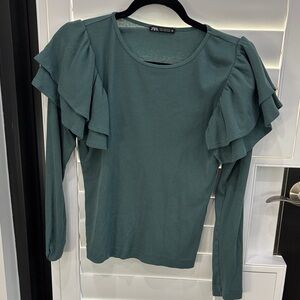 Zara Teal Long Sleeve Ruffle Top